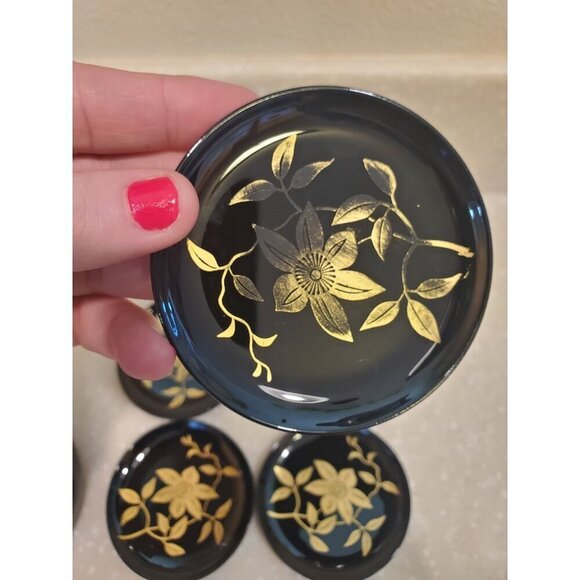 Japanese Lacquered Bamboo (6) Black Coasters Round Box Gold Floral Design - Picture 6 of 12